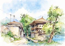 水彩_两层凉亭连廊树木