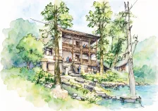 水彩_林间三层回廊建筑
