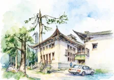 水彩_飞檐洋楼与汽车