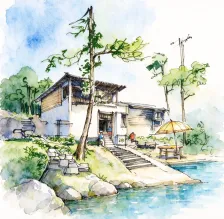 水彩_林间廊架餐吧