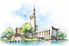 水彩_现代阶梯塔楼公建