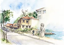 水彩_坡顶小屋石狮路口