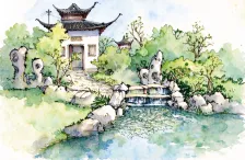 水彩_园林门楼假山