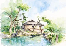 水彩_水岸石砌小屋