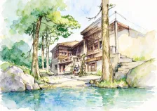 水彩_林间木屋群树木