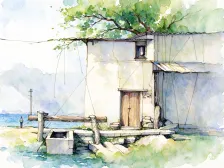 水彩_临水白墙木门栏杆