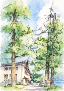 水彩_林荫道中式门楼
