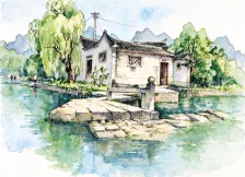 水彩_垂柳青砖小院水景