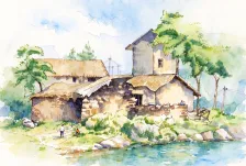水彩_乡村石屋农舍
