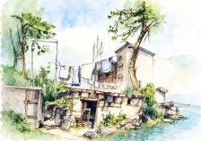 水彩_水岸晾晒院落