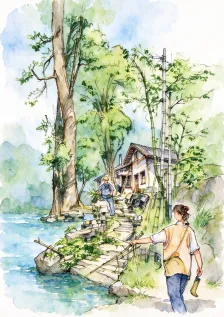 水彩_竹林溪边山道