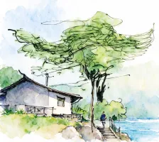 水彩_浓云下大树台阶