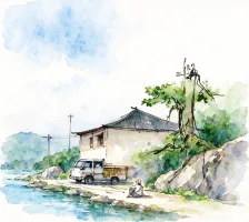 水彩_路边货车与大树