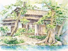 水彩_日式庭院木屋树林