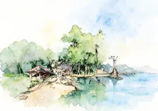 水彩_湖畔远树郊野