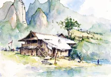 水彩_山间木屋栅栏远山