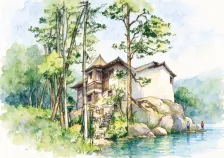 水彩_松树林间坡顶小屋
