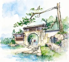 水彩_庐山仙人洞拱门