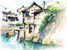 水彩_水乡吊脚楼