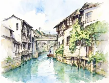 水彩_江南水巷民居石桥