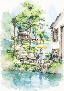 水彩_园林石板小径