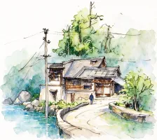 水彩_弯道电线杆民居