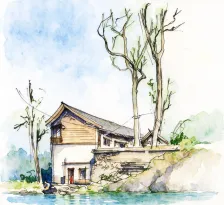 水彩_枯树旁山居小屋