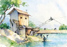 水彩_水边坡顶小屋吊桥