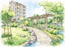 水彩_小区廊架石板路
