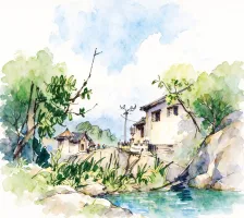 水彩_山石畔民居