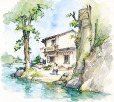 水彩_庐山别墅台阶庭院