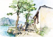 水彩_江岸石阶民居