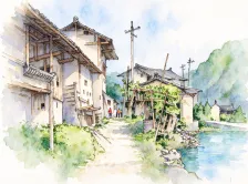 水彩_贵州山村木屋
