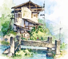 水彩_木构吊脚楼石栏桥