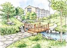 水彩_公园木桥石阶建筑