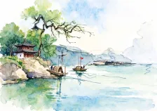 水彩_江岸孤树渔船
