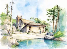 水彩_路边坡顶小屋电线杆
