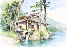 水彩_庐山林间叠层民居