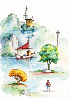 水彩_渔船树木小品集